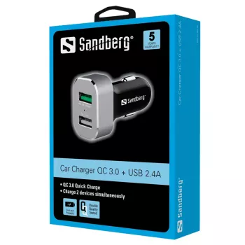 Sandberg Auto lādētājs 1xQC 3.0+1xUSB2.4A, Auto, Cigarešu pieslēgvieta, 12 V, Alumīnijs, Melns