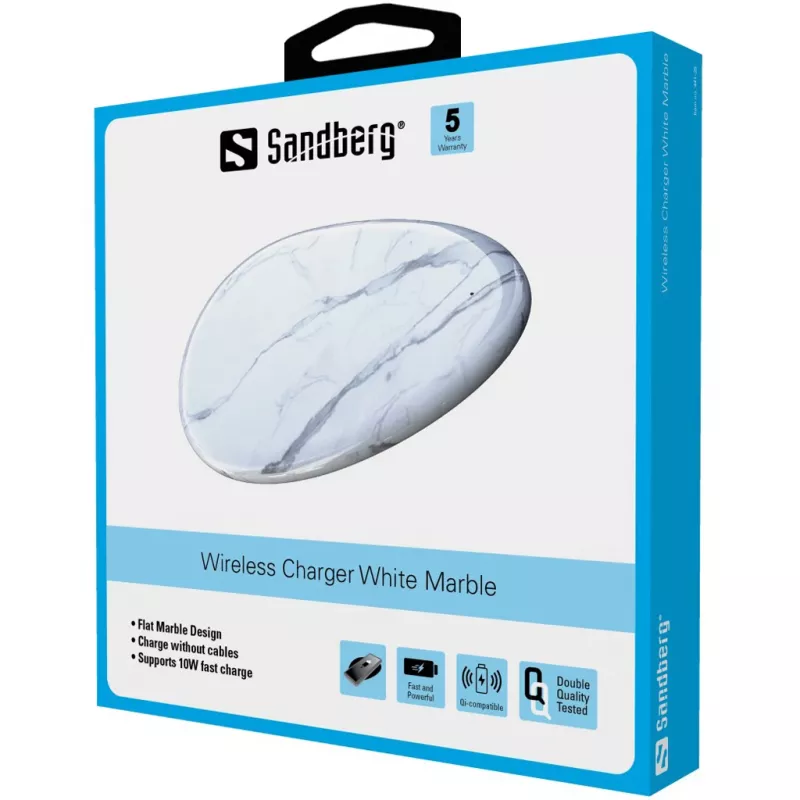 Sandberg Wireless Charger White Marble, USB, bezvadu uzlāde, PowerIQ, 1 m, melna, balta