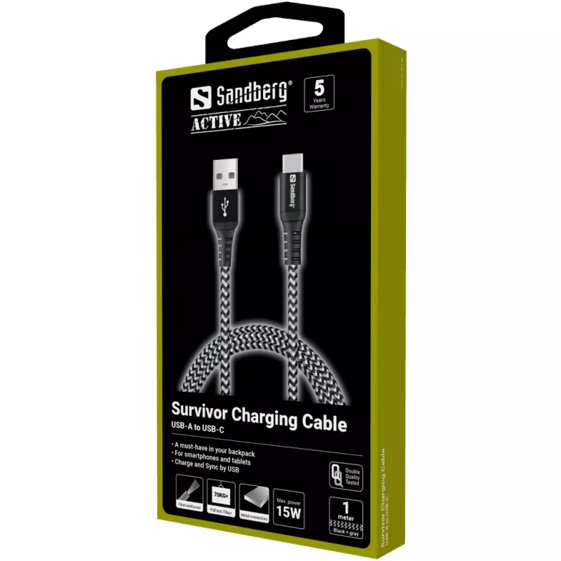 Sandberg Survivor USB-C- USB-A kabelis 1 M, 1 m, USB A, USB C, USB 2.0, melns, pelēks