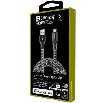Sandberg Survivor Lightning kabelis 2M, 2 m, Lightning, USB A, vīr., vīr., melns, pelēks