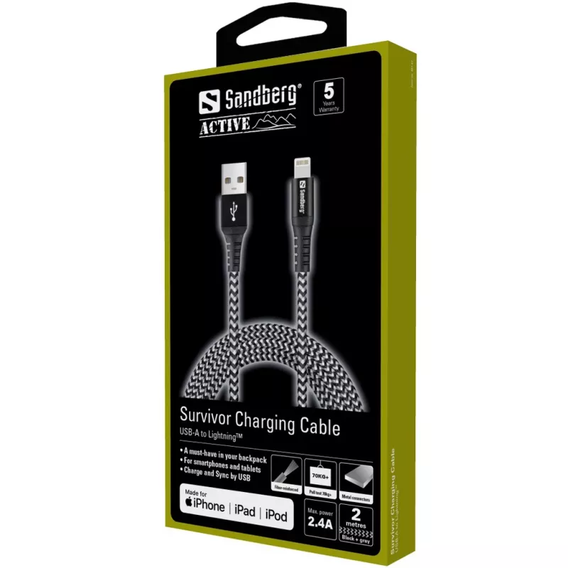 Sandberg Survivor Lightning kabelis 2M, 2 m, Lightning, USB A, vīr., vīr., melns, pelēks