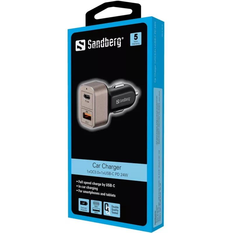 Sandberg Auto lādētājs 1xQC3.0+1xUSBC 24W, Auto, Cigarešu pievads, 12 V, melna, pelēka