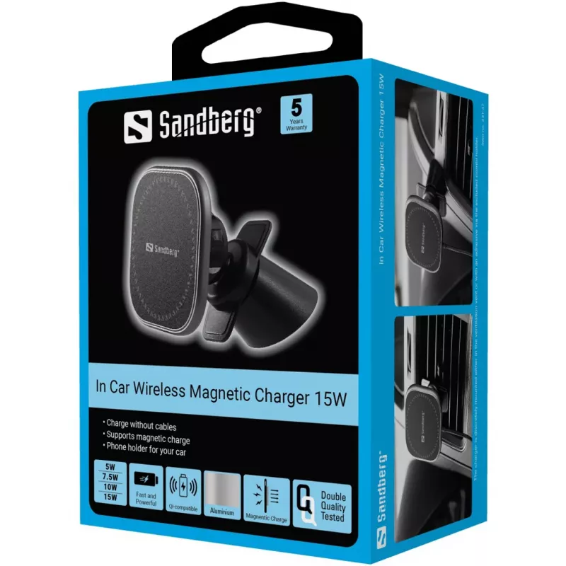 Sandberg In Car Magnetic Wireless Charger 15W, Auto, USB, bezvadu uzlāde, 1,2 m, melns