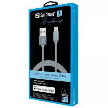 Sandberg Excellence Lightning pelēka 1m, 1 m, Lightning, USB A, pelēka, taisns, taisns
