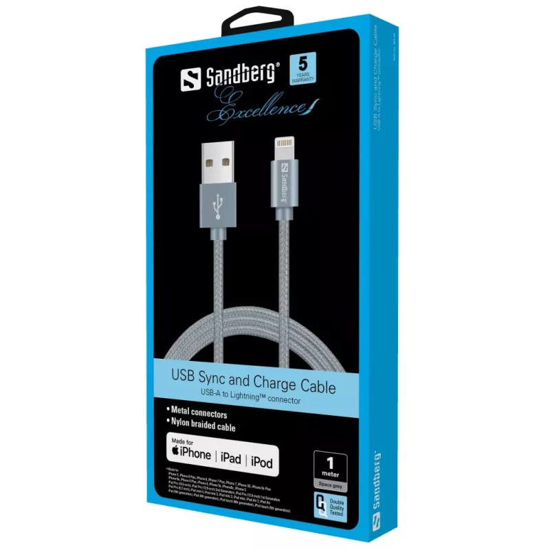 Sandberg Excellence Lightning pelēka 1m, 1 m, Lightning, USB A, pelēka, taisns, taisns