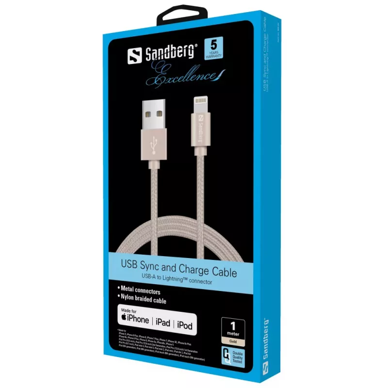 Sandberg Excellence Lightning Gold 1m, 1 m, Lightning, USB A, Zelts, Taisns, Taisns