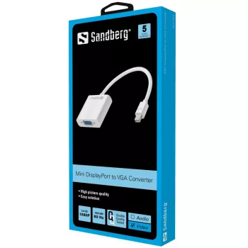 Sandberg adapteris Mini DisplayPort>VGA, Mini DisplayPort, VGA (D-Sub), Vīrišķais, Sievišķais, 1920 x 1080 pikseļi, 1920 x 1080 (HD 1080)