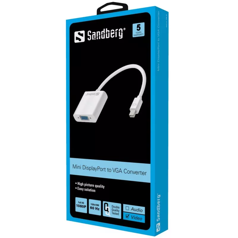 Sandberg adapteris Mini DisplayPort>VGA, Mini DisplayPort, VGA (D-Sub), Vīrišķais, Sievišķais, 1920 x 1080 pikseļi, 1920 x 1080 (HD 1080)