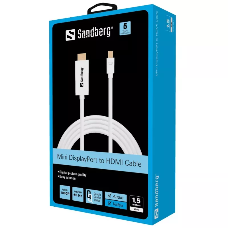 Sandberg Kabelis MiniDP>HDMI 1,5m, 1,5 m, mini DisplayPort, HDMI, Vīrišķais, Vīrišķais, Balts