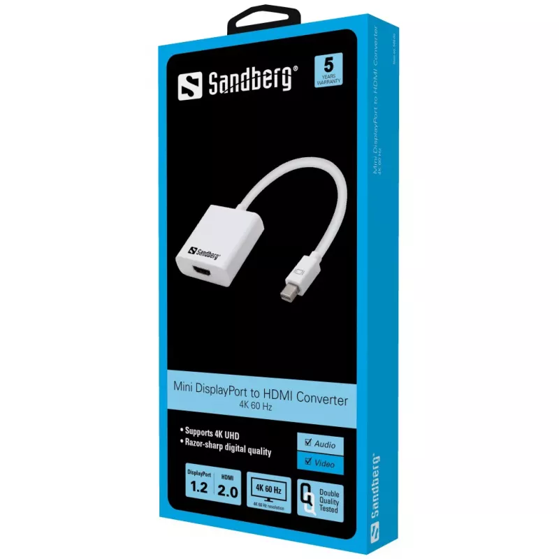 Sandberg adapteris MiniDP1.2>HDMI2.0 4K60, Mini DisplayPort, HDMI, vīrišķais, sievišķais, 3840 x 2160 pikseļi, 6 Gbit/s