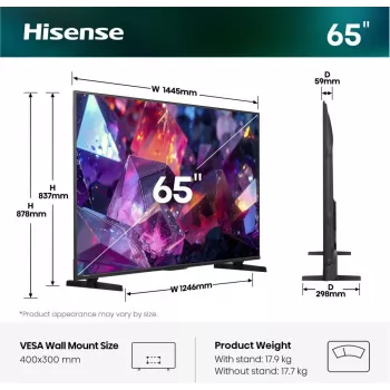 Hisense 65E7S PRO TV 165,1 cm (65 collas) UHD+ viedtelevizors Wi-Fi melns 350 cd/m²