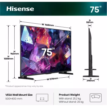 Hisense 75E7S PRO TV 190.5 cm (75 collas) UHD+ Smart TV Wi-Fi Melns 350 cd/m²