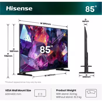 Hisense 85E7S PRO TV 2,16 m (85 collas) UHD+ viedtelevizors Wi-Fi Melns 400 cd/m²