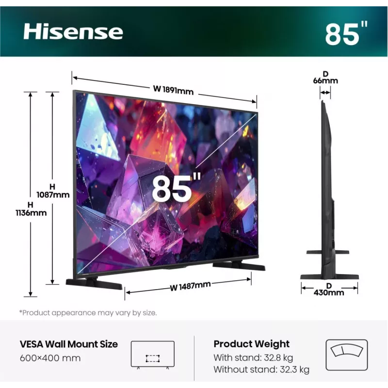Hisense 85E7S PRO TV 2,16 m (85 collas) UHD+ viedtelevizors Wi-Fi Melns 400 cd/m²