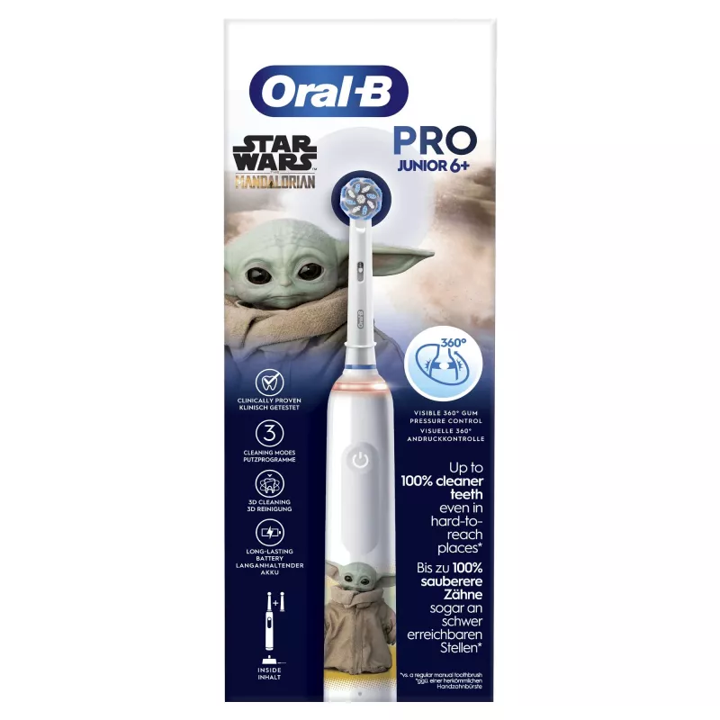 Oral-B PRO Junior Star Wars, bērniem, rotējoša zobu birste, ikdienas kopšana, pulēšana, jutīgiem zobiem, daudzkrāsaina, balta, 4 x 30 s, mīksta