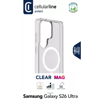 Cellularline Clear Mag - Galaxy S26 Ultra īpaši izturīgs caurspīdīgs vāciņš ar gumijas malu, saderīgs ar Qi2 ekosistēmu un magnētiskajiem piederumiem, apstrādāts, lai novērstu dzeltēšanu.