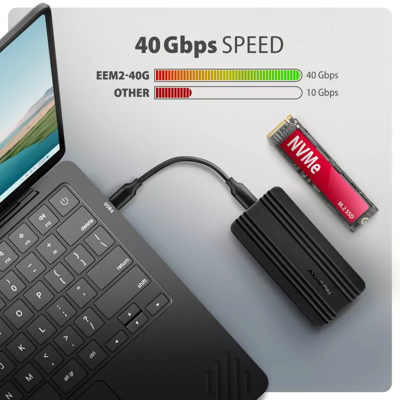 Axagon EEM2-40G USB-C 40Gbps M.2 NVMe SSD korpuss, ARMORED Alumīnijs
