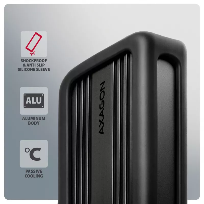 Axagon EEM2-40G USB-C 40Gbps M.2 NVMe SSD korpuss, ARMORED Alumīnijs