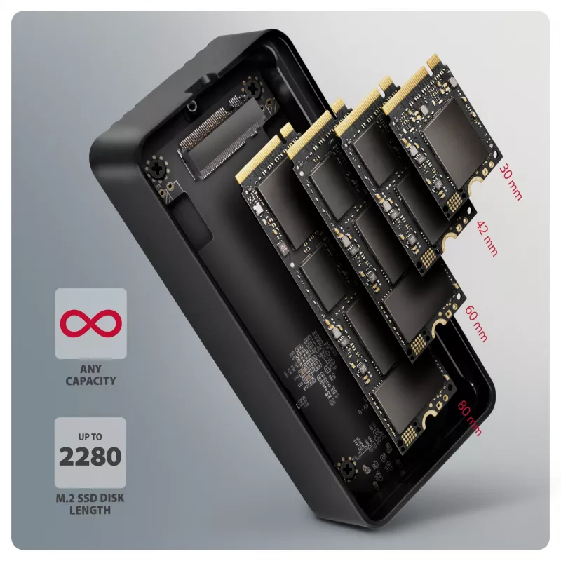 Axagon EEM2-40G USB-C 40Gbps M.2 NVMe SSD korpuss, ARMORED Alumīnijs