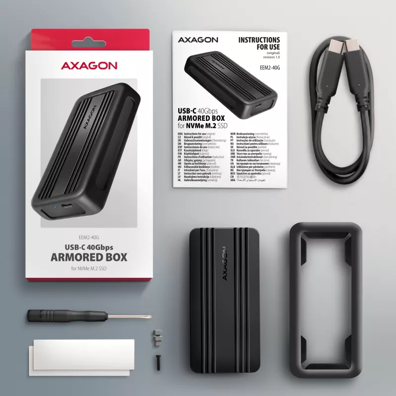 Axagon EEM2-40G USB-C 40Gbps M.2 NVMe SSD korpuss, ARMORED Alumīnijs