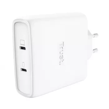 Lādētājs TRUST Maxo 100W 2‑Port USB‑C GaN — 100 W, 2x USB‑C, 20 V maks., maiņstrāva iekštelpām, 2 m kabelis, balts