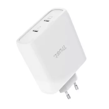 Lādētājs TRUST Maxo 100W 2‑Port USB‑C GaN — 100 W, 2x USB‑C, 20 V maks., maiņstrāva iekštelpām, 2 m kabelis, balts
