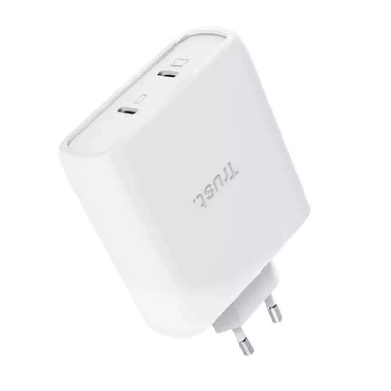 Lādētājs TRUST Maxo 100W 2‑Port USB‑C GaN — 100 W, 2x USB‑C, 20 V maks., maiņstrāva iekštelpām, 2 m kabelis, balts
