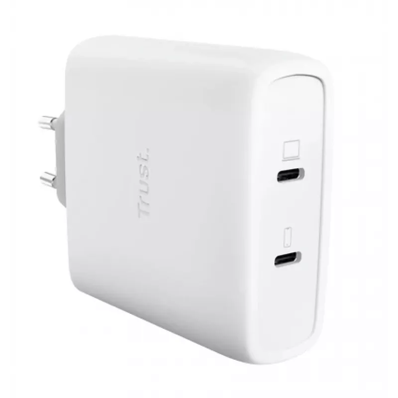 Lādētājs TRUST Maxo 100W 2‑Port USB‑C GaN — 100 W, 2x USB‑C, 20 V maks., maiņstrāva iekštelpām, 2 m kabelis, balts