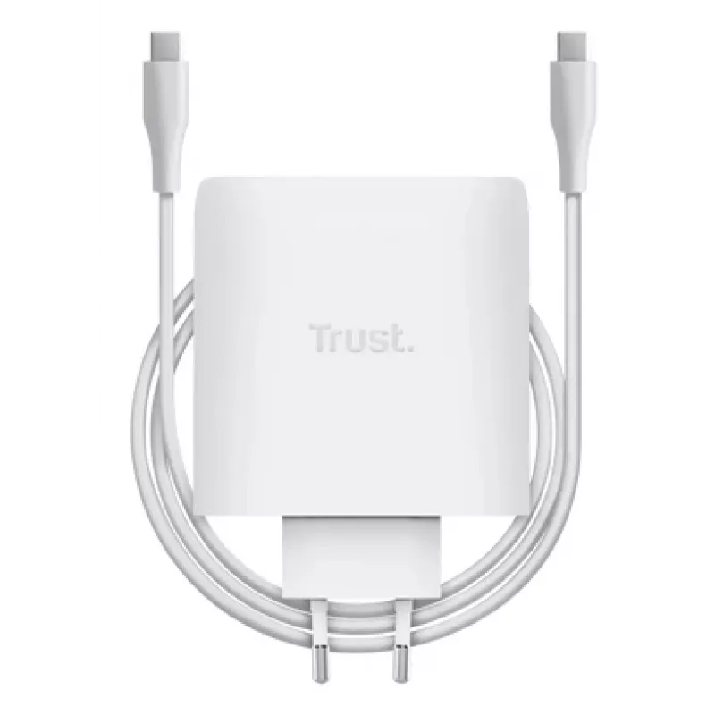 Lādētājs TRUST Maxo 100W 2‑Port USB‑C GaN — 100 W, 2x USB‑C, 20 V maks., maiņstrāva iekštelpām, 2 m kabelis, balts