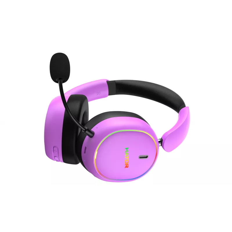 HATOR Phoenix 2 Wireless austiņas ar vadu un bezvadu savienojumu, galvas stīpa, spēlēm, USB Type-C / USB Type-A, Bluetooth, violetas