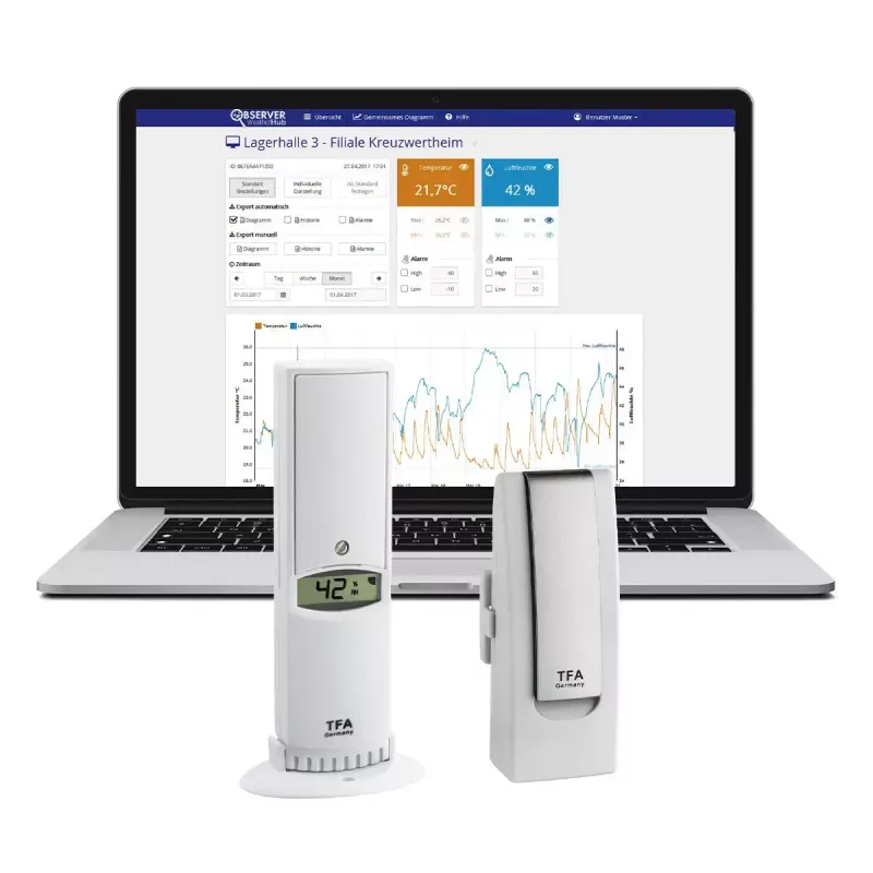 Vides sensors tfa dostmann WeatherHub viedās mājas bezvadu — Mitrums un temperatūra, Wi‑Fi, maiņstrāva/baterija (AA), 40×28×104 mm