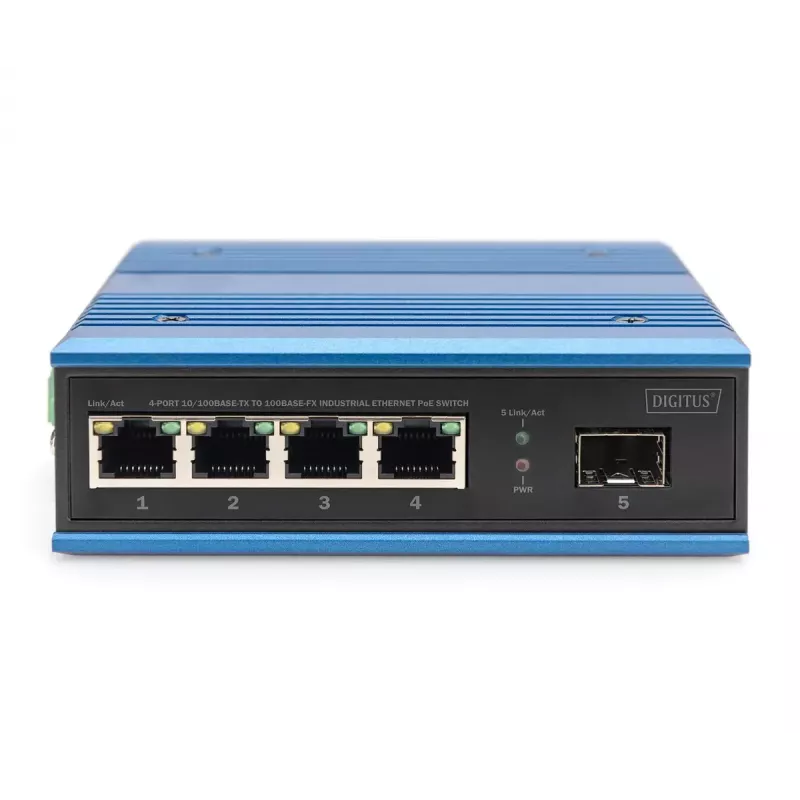 Digitus 4 portu Fast Ethernet tīkla PoE slēdzis, industriāls, nepārvaldāms, 1 SFP augšupsaite