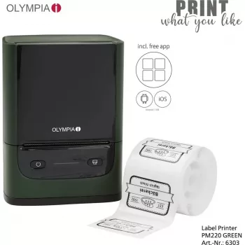 Etiķešu printeris Olympia PM 220 zaļš — kompakts galda etiķešu printeris, modelis PM 220 (zaļš)