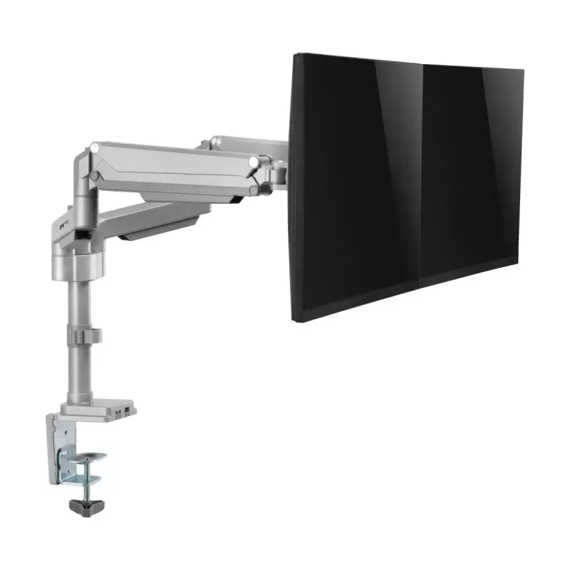 Divu ekrānu monitora statīvs ar gāzes atsperēm Tripp Lite (EATON) DDR1732DAL 13–34 collu ekrāniem, skavas vai starplikas stiprinājums, USB un audio pieslēgvietas, sudraba krāsā