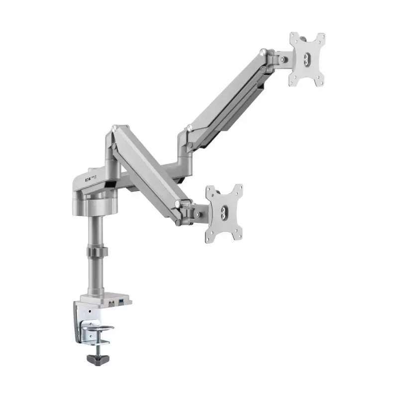 Divu ekrānu monitora statīvs ar gāzes atsperēm Tripp Lite (EATON) DDR1732DAL 13–34 collu ekrāniem, skavas vai starplikas stiprinājums, USB un audio pieslēgvietas, sudraba krāsā