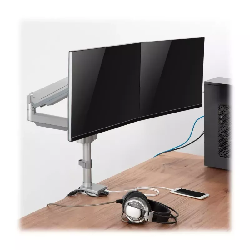 Divu ekrānu monitora statīvs ar gāzes atsperēm Tripp Lite (EATON) DDR1732DAL 13–34 collu ekrāniem, skavas vai starplikas stiprinājums, USB un audio pieslēgvietas, sudraba krāsā