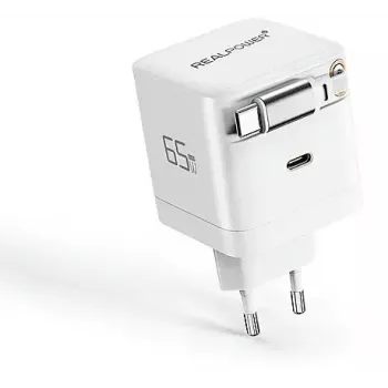 GaN lādētājs 65 W, RealPower, 65 vati, divi USB-C porti, balts