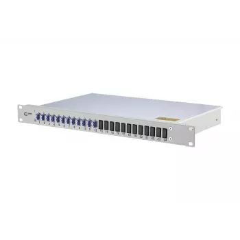 BTR plauktā montējams optiskās šķiedras sadales panelis METZ CONNECT OpDAT 1U — LC savienotāji, pelēks, 482,6×44,5×244,5 mm