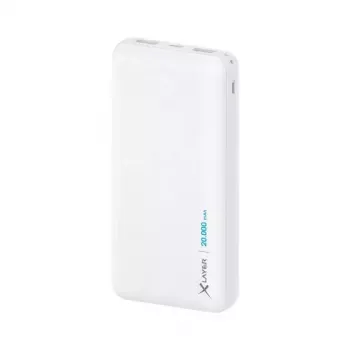 Ārējais akumulators XLAYER 217286 — 20000 mAh LiPo, 2× USB-A, 1× USB-C, balts
