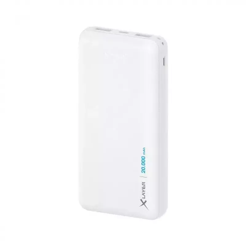 Ārējais akumulators XLAYER 217286 — 20000 mAh LiPo, 2× USB-A, 1× USB-C, balts