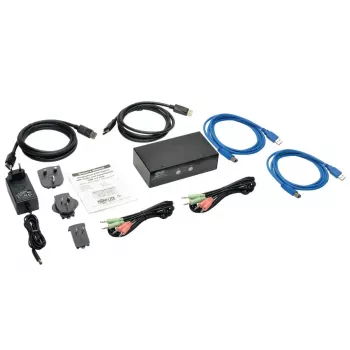 DisplayPort KVM slēdzis ar 2 pieslēgvietām, audio un USB 3.0 centrmezglu EATON B004-DPUA2-K — DisplayPort, USB klaviatūra/pele, 2560 × 1600, 1,2 m kabeļi