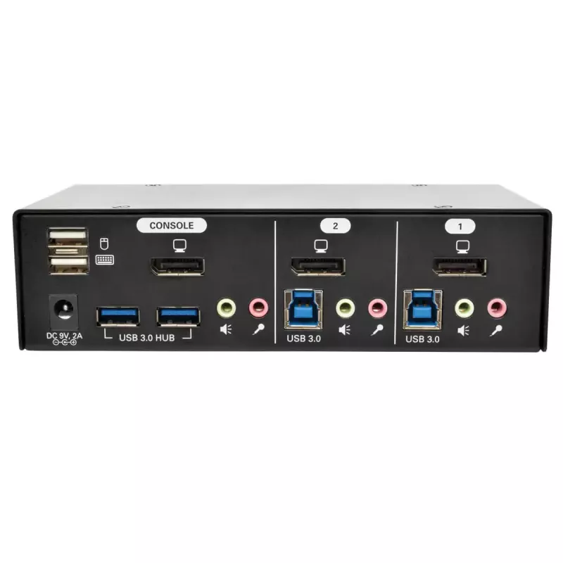 DisplayPort KVM slēdzis ar 2 pieslēgvietām, audio un USB 3.0 centrmezglu EATON B004-DPUA2-K — DisplayPort, USB klaviatūra/pele, 2560 × 1600, 1,2 m kabeļi