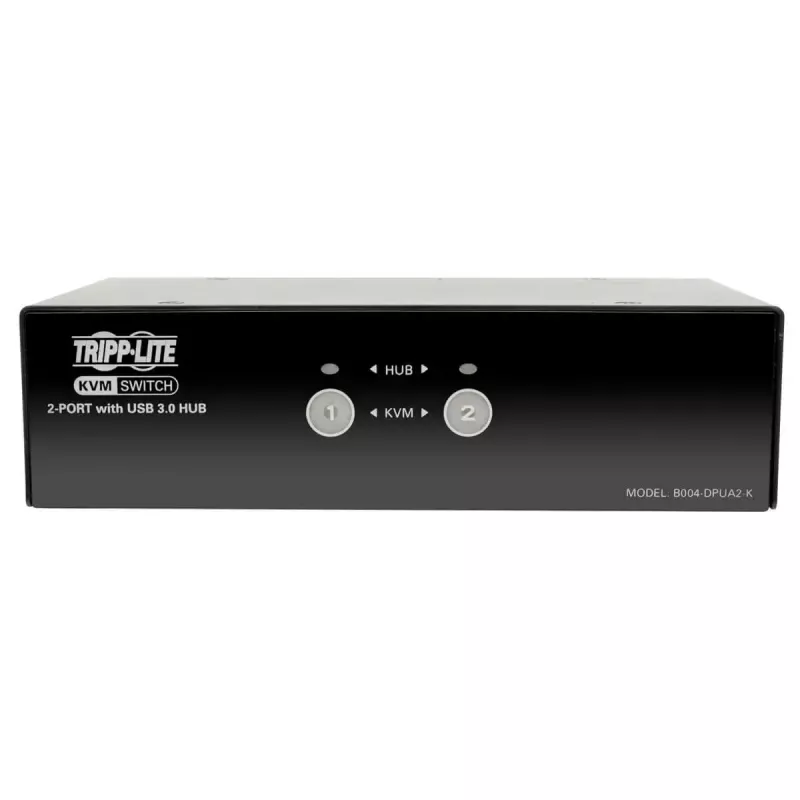 DisplayPort KVM slēdzis ar 2 pieslēgvietām, audio un USB 3.0 centrmezglu EATON B004-DPUA2-K — DisplayPort, USB klaviatūra/pele, 2560 × 1600, 1,2 m kabeļi