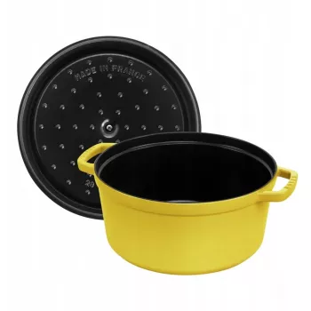 Čuguna apaļā La Cocotte 26 cm, Staub, Citron — emaljēts katls, piemērots krāsnij