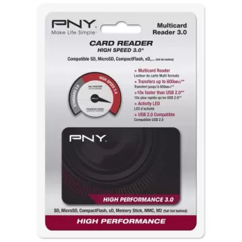 Karšu lasītājs PNY High Performance Reader 3.0 USB 3.2 Gen 1 — CF, SD, microSD, Memory Stick, MMC, melns