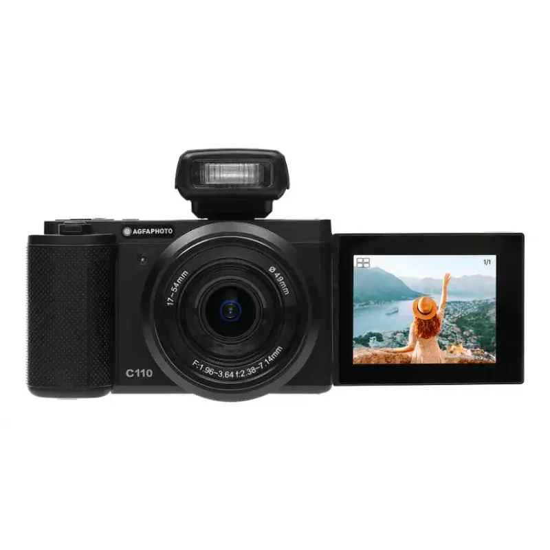 Kompakta kamera AgfaPhoto Realishot C110 — 24 MP, 1/3,06 collu CMOS, 3x optiskā tālummaiņa, 4K, Wi‑Fi, 2,8 collu skārienekrāns, melna