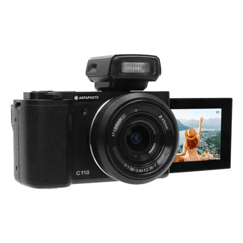 Kompakta kamera AgfaPhoto Realishot C110 — 24 MP, 1/3,06 collu CMOS, 3x optiskā tālummaiņa, 4K, Wi‑Fi, 2,8 collu skārienekrāns, melna