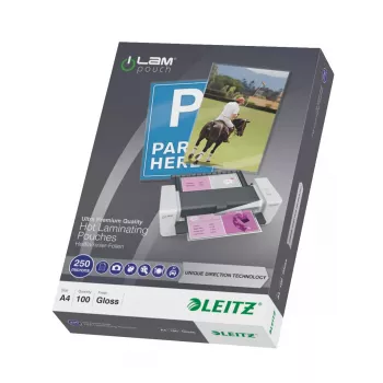 Laminēšanas kabatas LEITZ iLAM UDT 222 × 309 mm spīdīgas caurspīdīgas, EVA/PET, iepakojumā 100 gab.