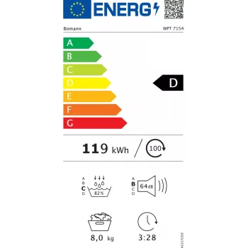 Brīvstāvošs ar priekšējo ielādi veļas žāvētājs BOMANN WPT7154T — siltumsūknis, 8 kg, melns/pelēks, 64 dB, energoefektivitātes klase D