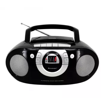 Pārnēsājama stereo sistēma Soundmaster SCD5100SW — analogais FM uztvērējs 87,5–108 MHz, CD/MP3 atskaņotājs, 1 W RMS, LED displejs, melna